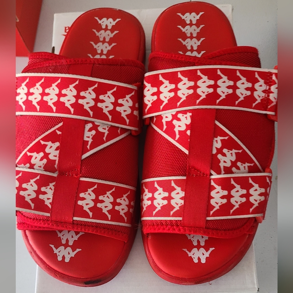 Kappa Red and White Logo-Strip Slide Sandals